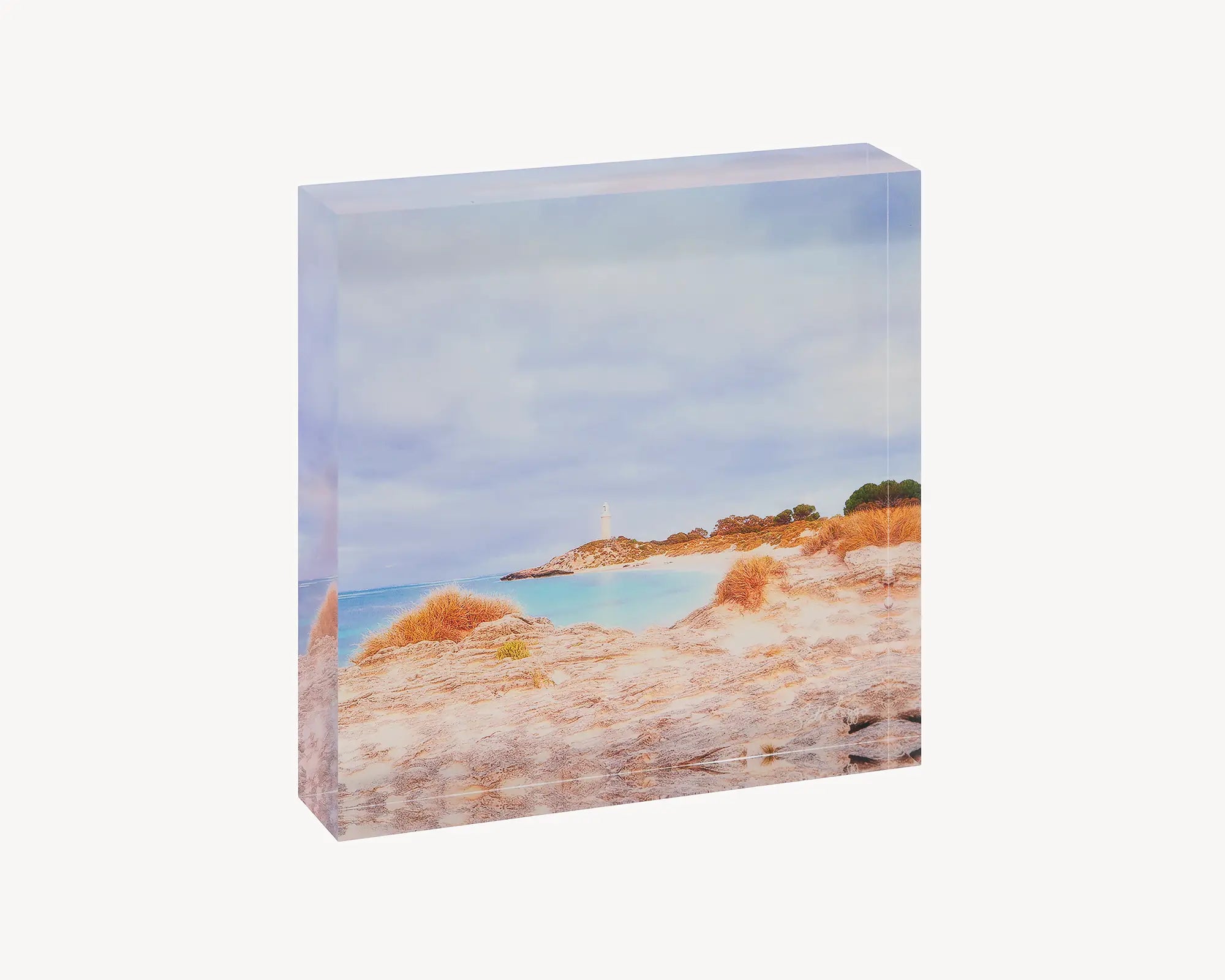 Haven. Acrylic block Pinky Beach coastal artwork, Australia.