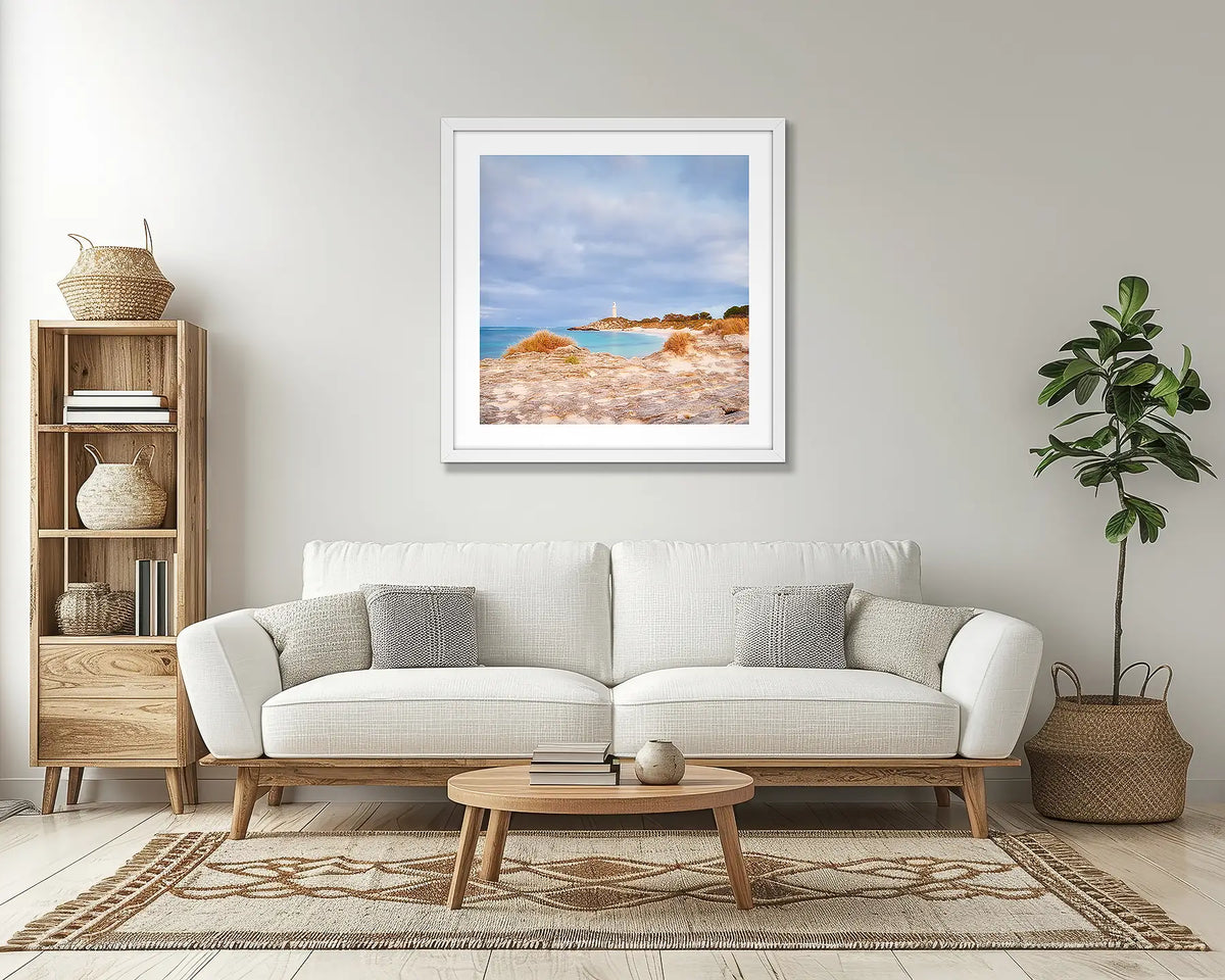 Haven. Rottnest Island wall art print, with a white frame, in a lounge room. 