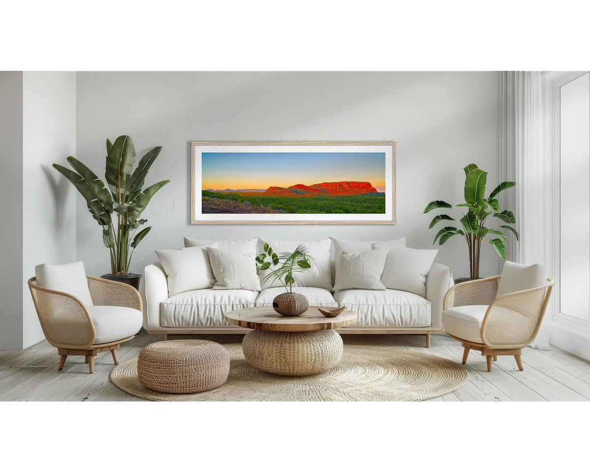 Heart of Kakadu. Wall art print, in a timber frame, above a couch. 