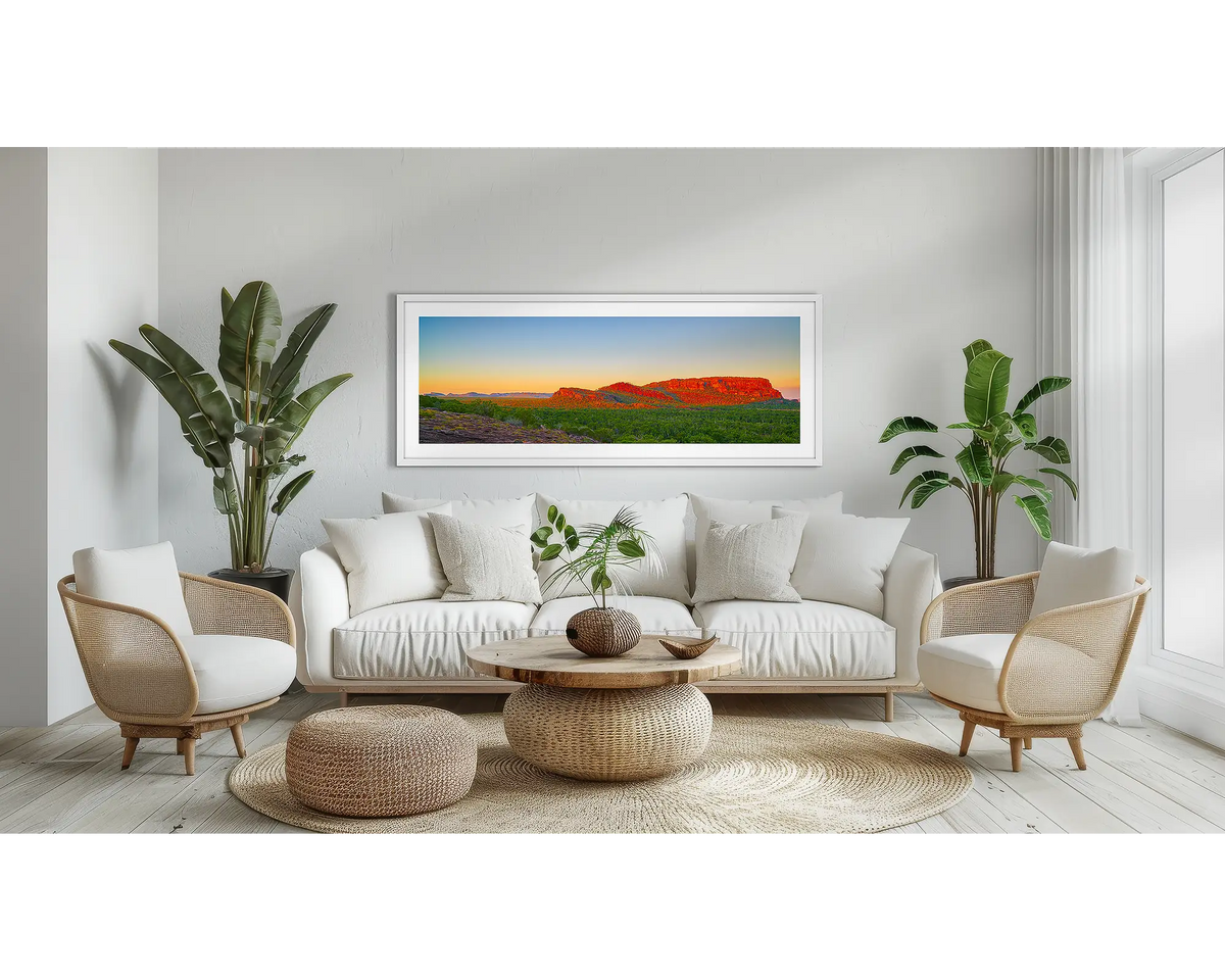 Heart of Kakadu. Wall art print, in a white frame, above a couch. 