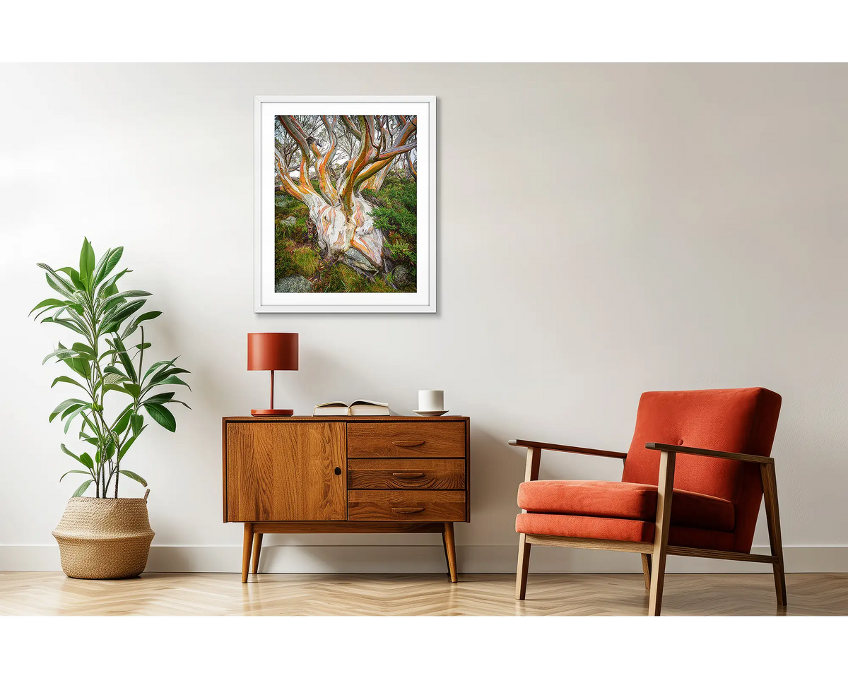 Heart of the Alps. Snow Gum artwork in a white frame above a side table.