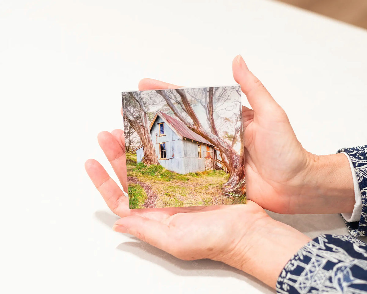 High Country Life. Acrylic block of Cope Hut alpine artwork being held.