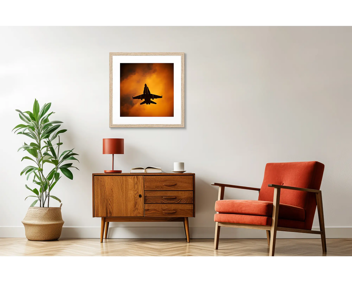 Hornet. Aviation artwork in a Tasmanian oak frame, in a retro styled interior.