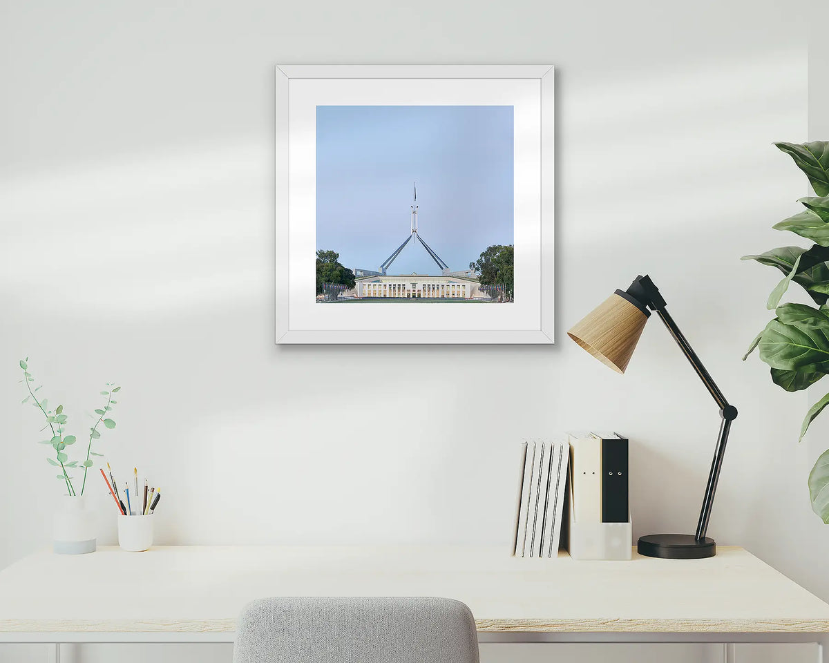 House On The Hill. Framed print hanging on the wall of a home office.