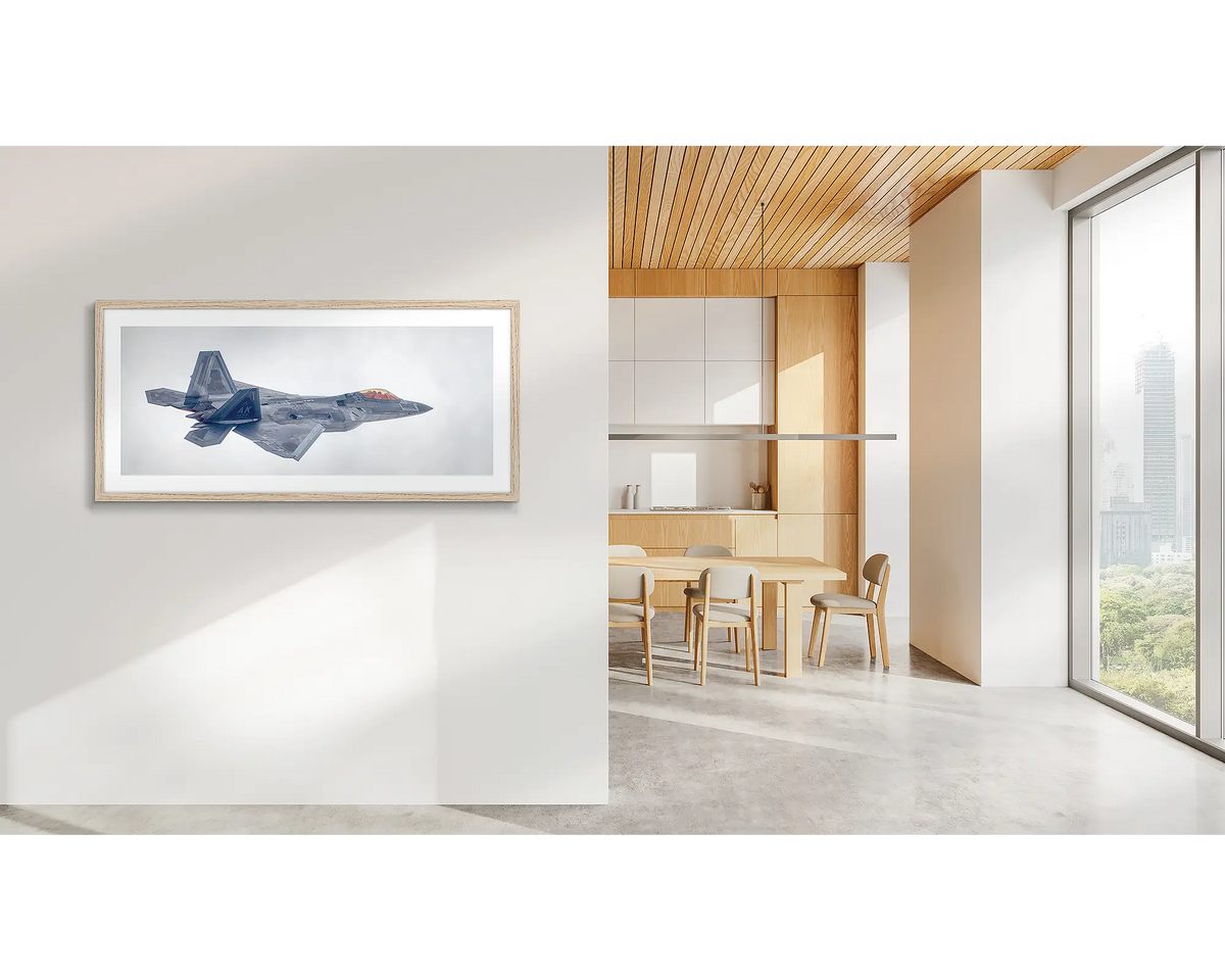 Inbound. F-22 Raptor artwork with a timber frame, in a CBD office. 