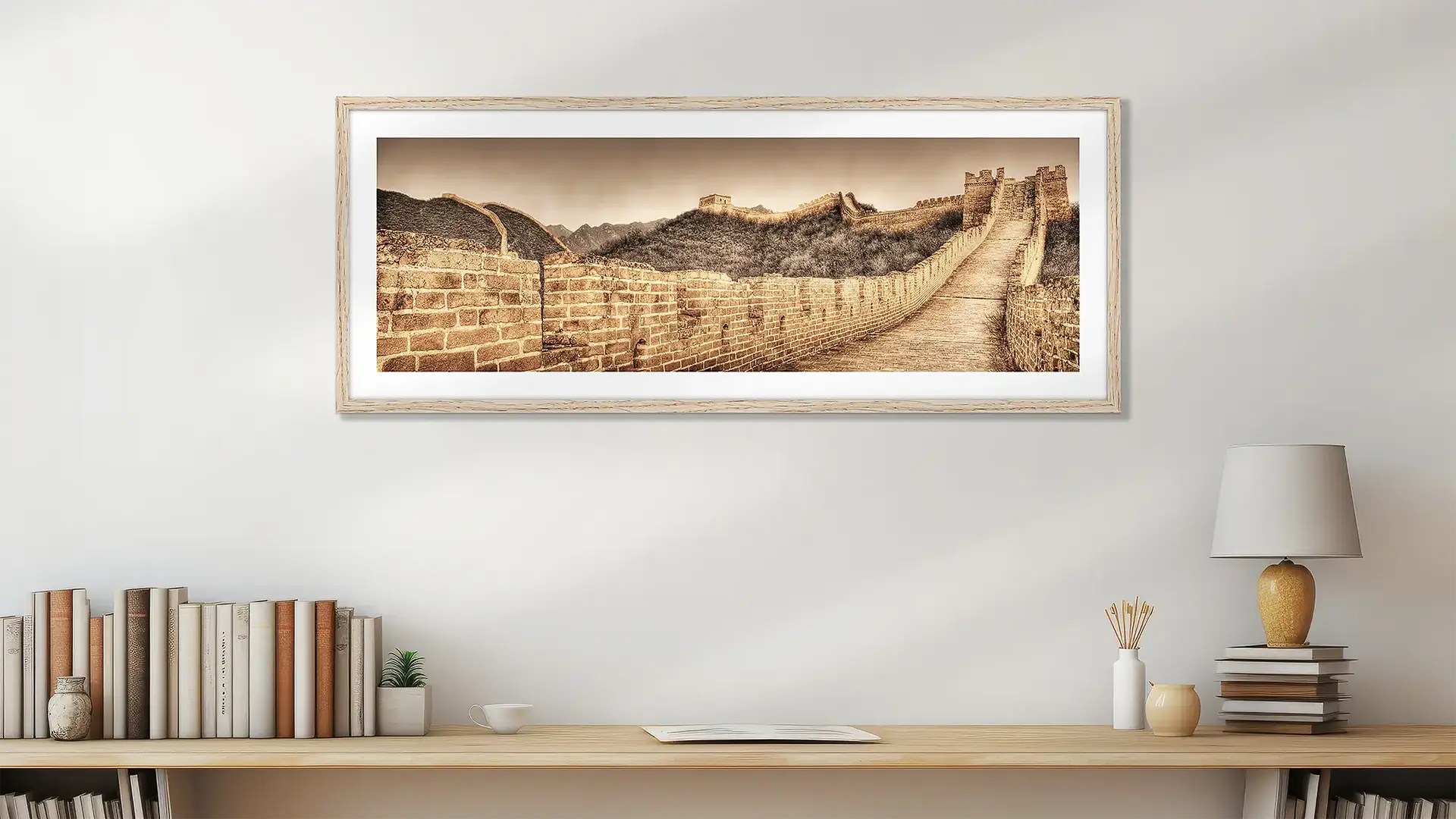 International wall art print with timber frame above desk.