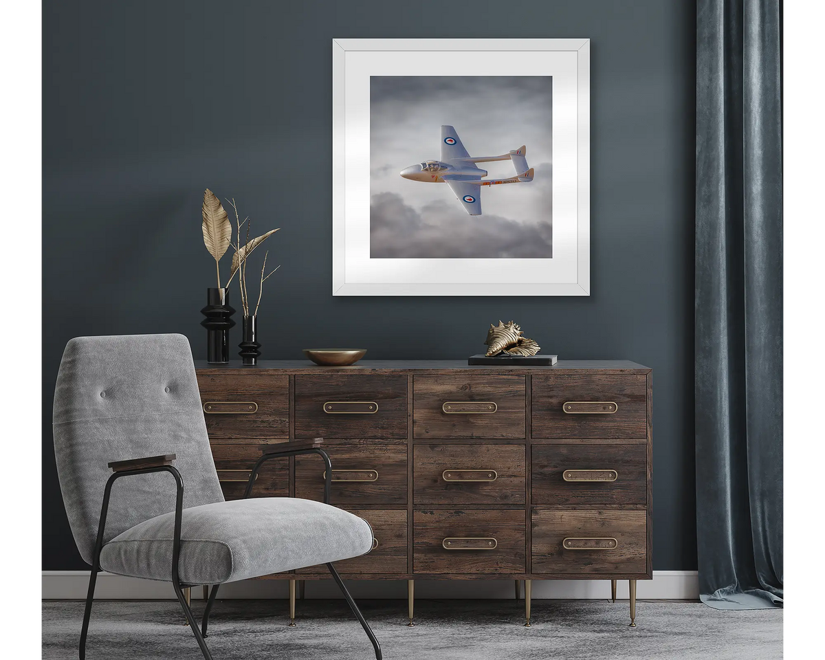 Into The Sun. Aviation wall art print hanging on a dark wall.