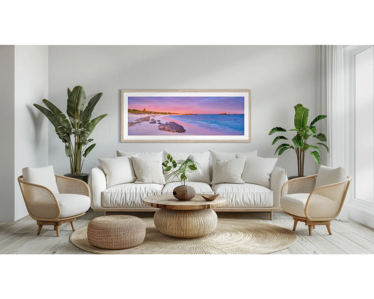 Island Getaway. Coastal wall art print, with a Tassie oak frame, above a couch. 