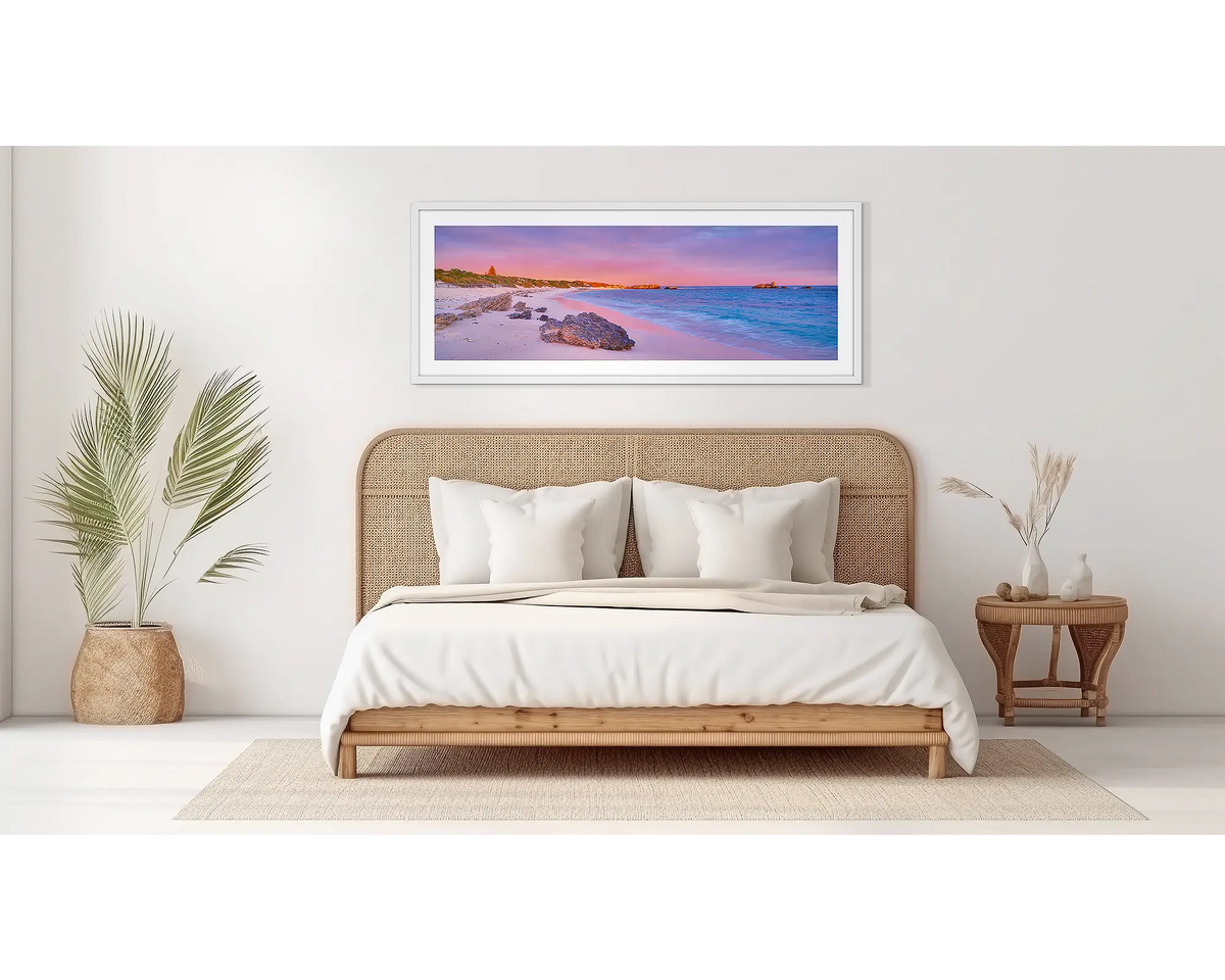 Island Getaway. Rottnest Island wall art, in a white frame, on a bedroom wall. 