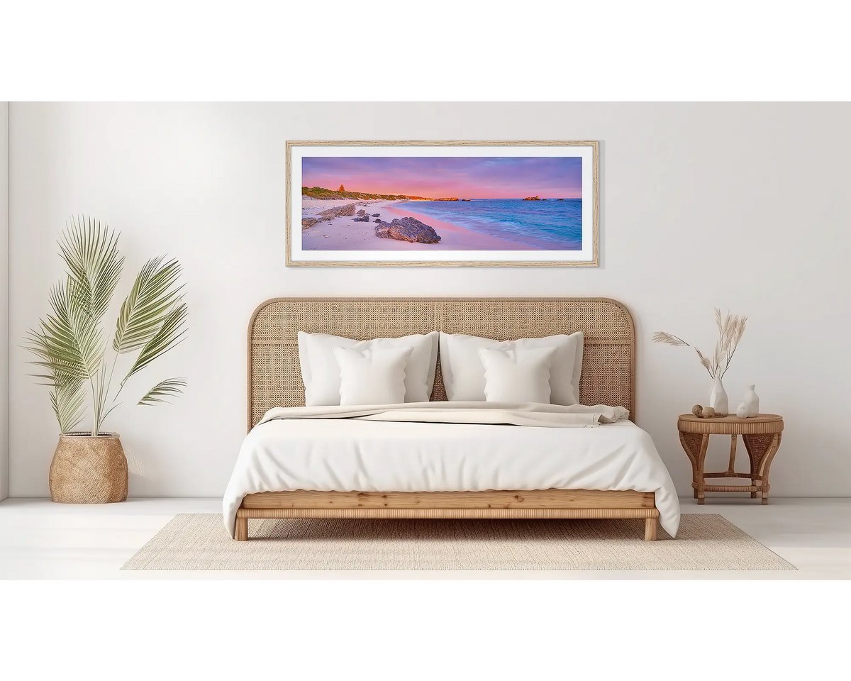 Island Getaway. Rottnest Island wall art, in a wood frame, on a bedroom wall. 