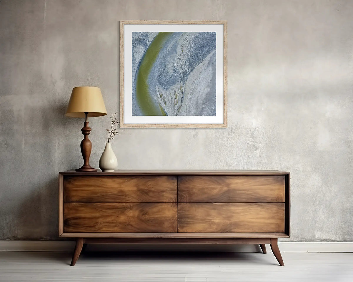 Journey To The Sea. Abstract Kimberley wall art print with timber frame, above side table.