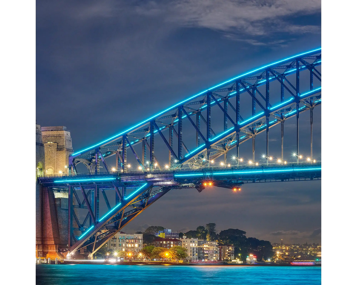 Sydney Harbour Bridge at night during Vivid festival.