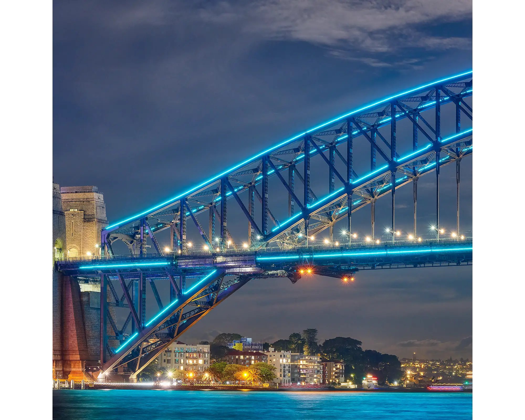 Sydney Harbour Bridge at night during Vivid festival.