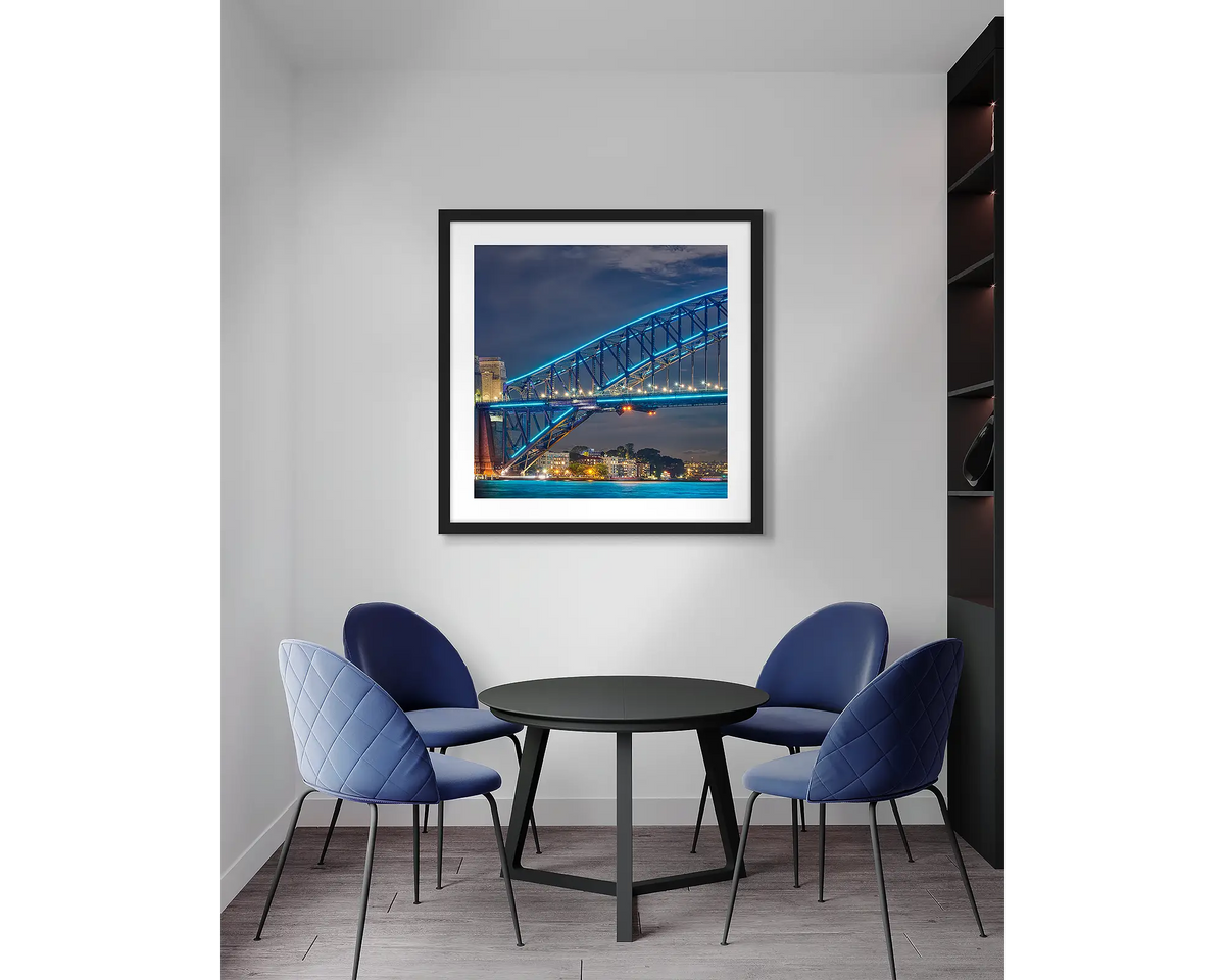 Kirribilli Colours. Sydney, framed wall art print, with a black frame, in an office meeting room. 