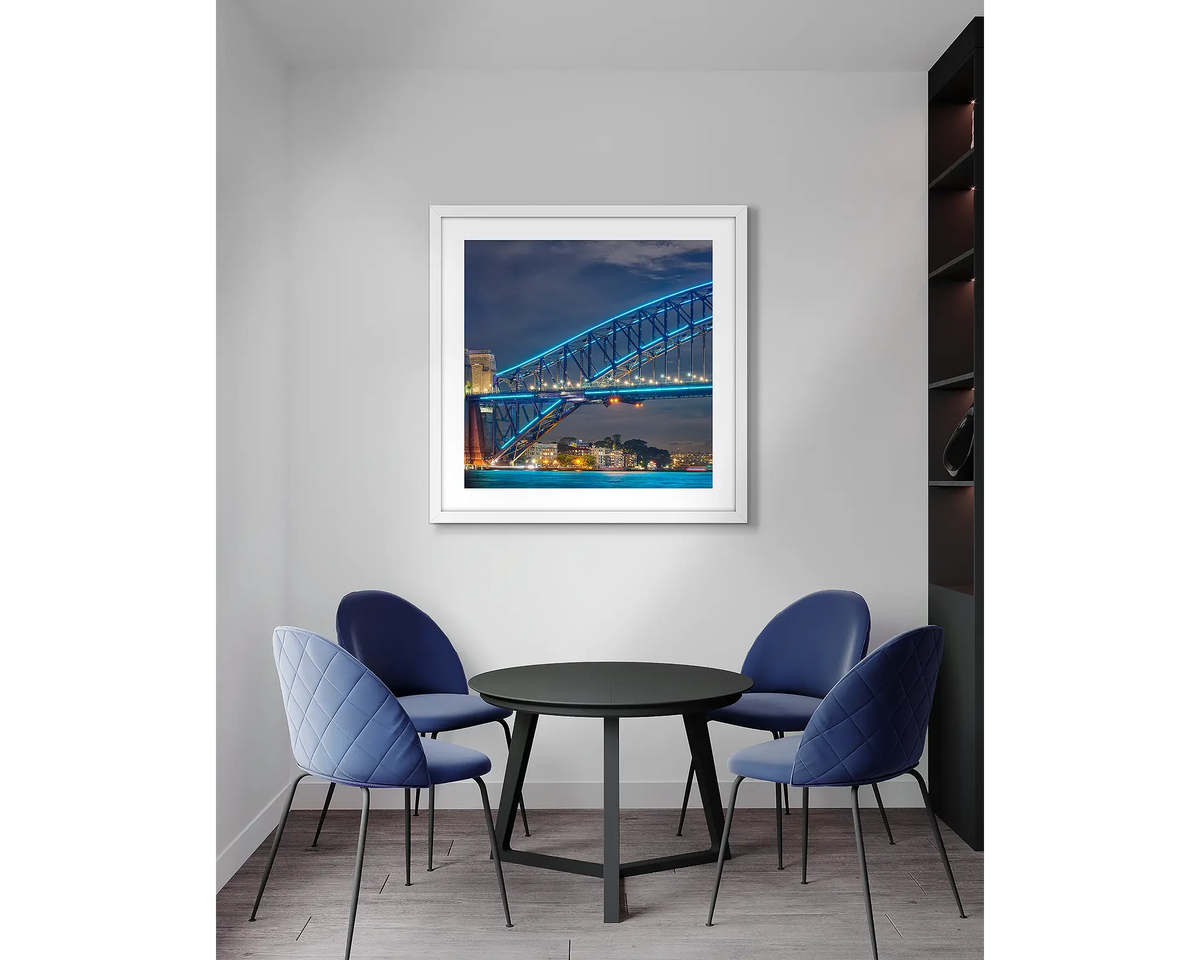 Influx. Sydney, framed wall art print, with a white frame, in an office meeting room. 