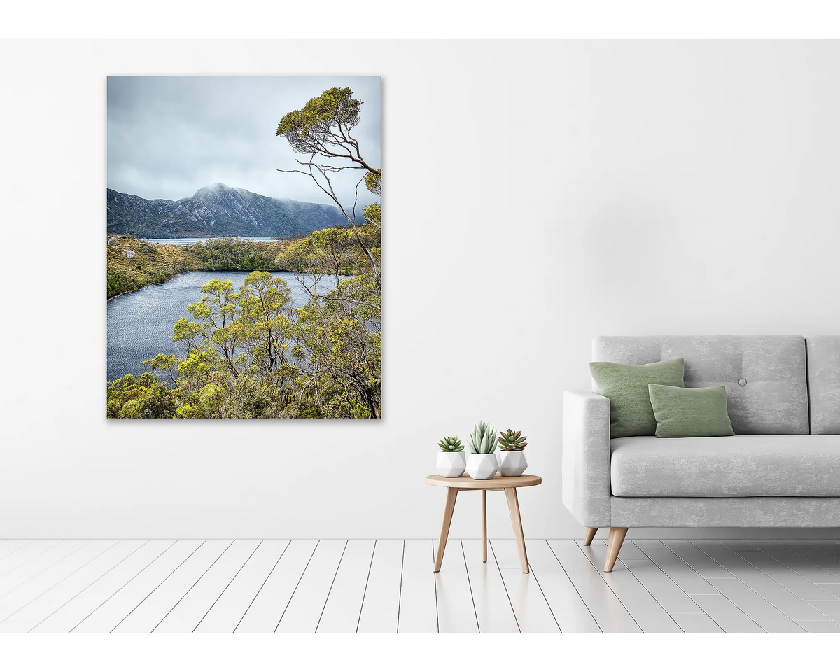 Lake View. Frameless acrylic wall art print, hung next to a couch.