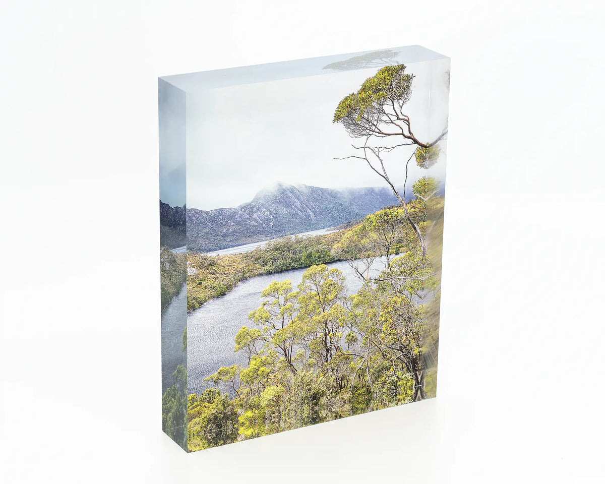 Lake View acrylic block. Cradle Mountain and Lake St Clair artwork. 