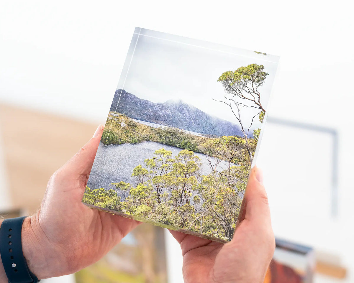 Lake View acrylic block being held. 