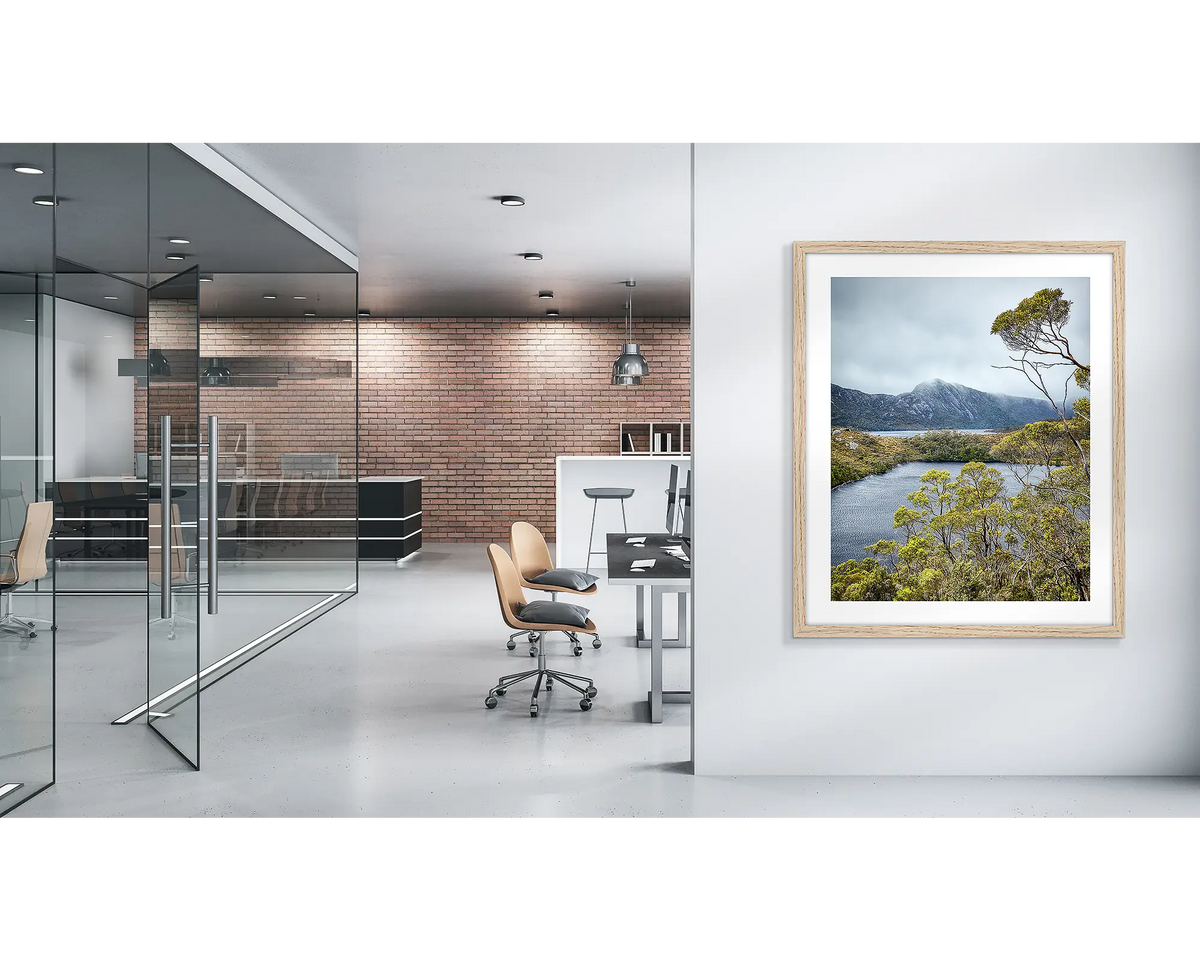 Lake View. Tasmanian wall art print, with a wood frame, on a modern office wall. 