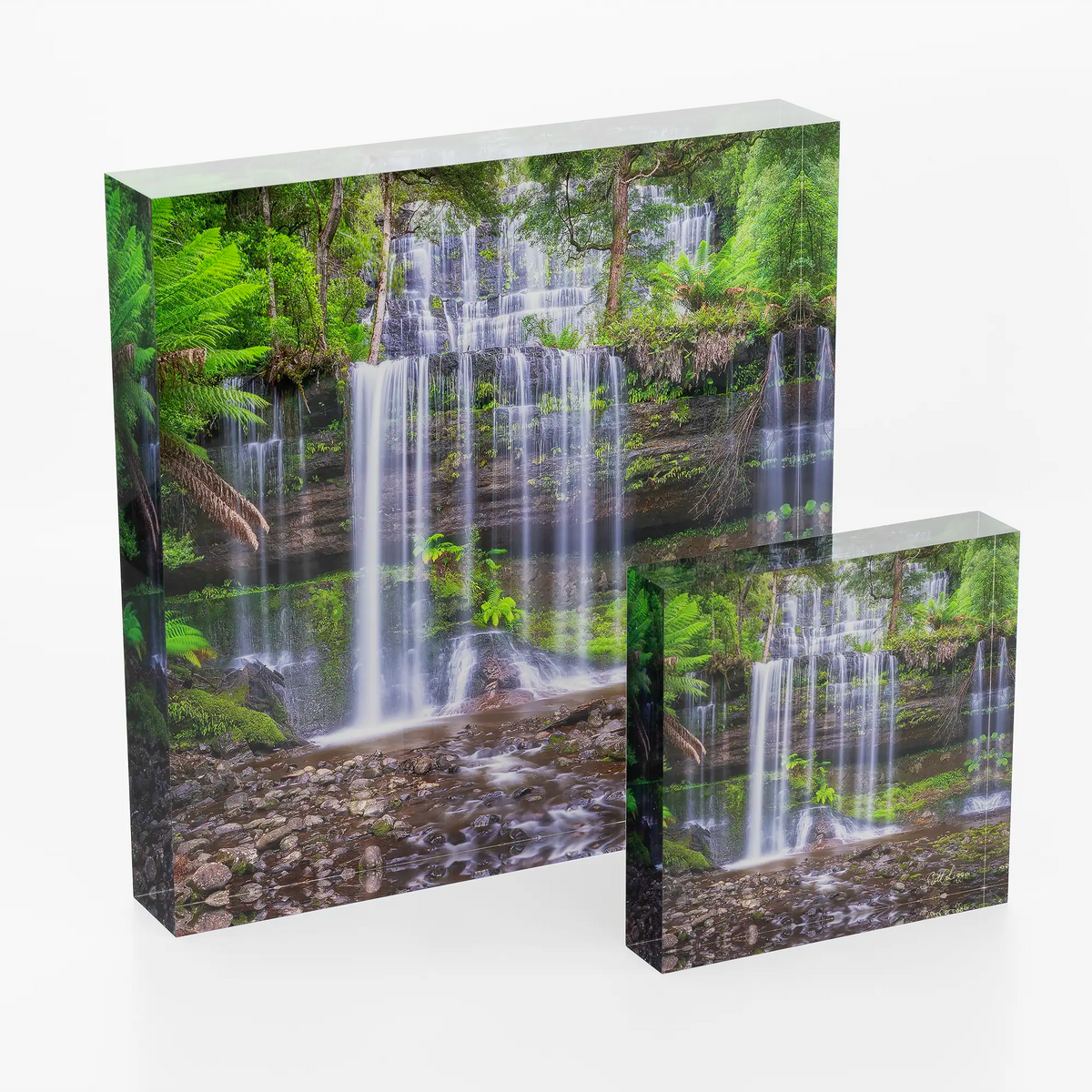 Layers. Acrylic block of Rusell Falls, Tasmanian artwork.