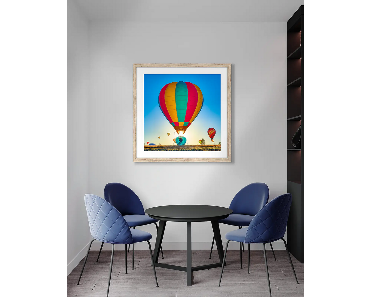 Lift. Canberra hot air balloon, framed wall art print, with a timber frame, in an office meeting room. 