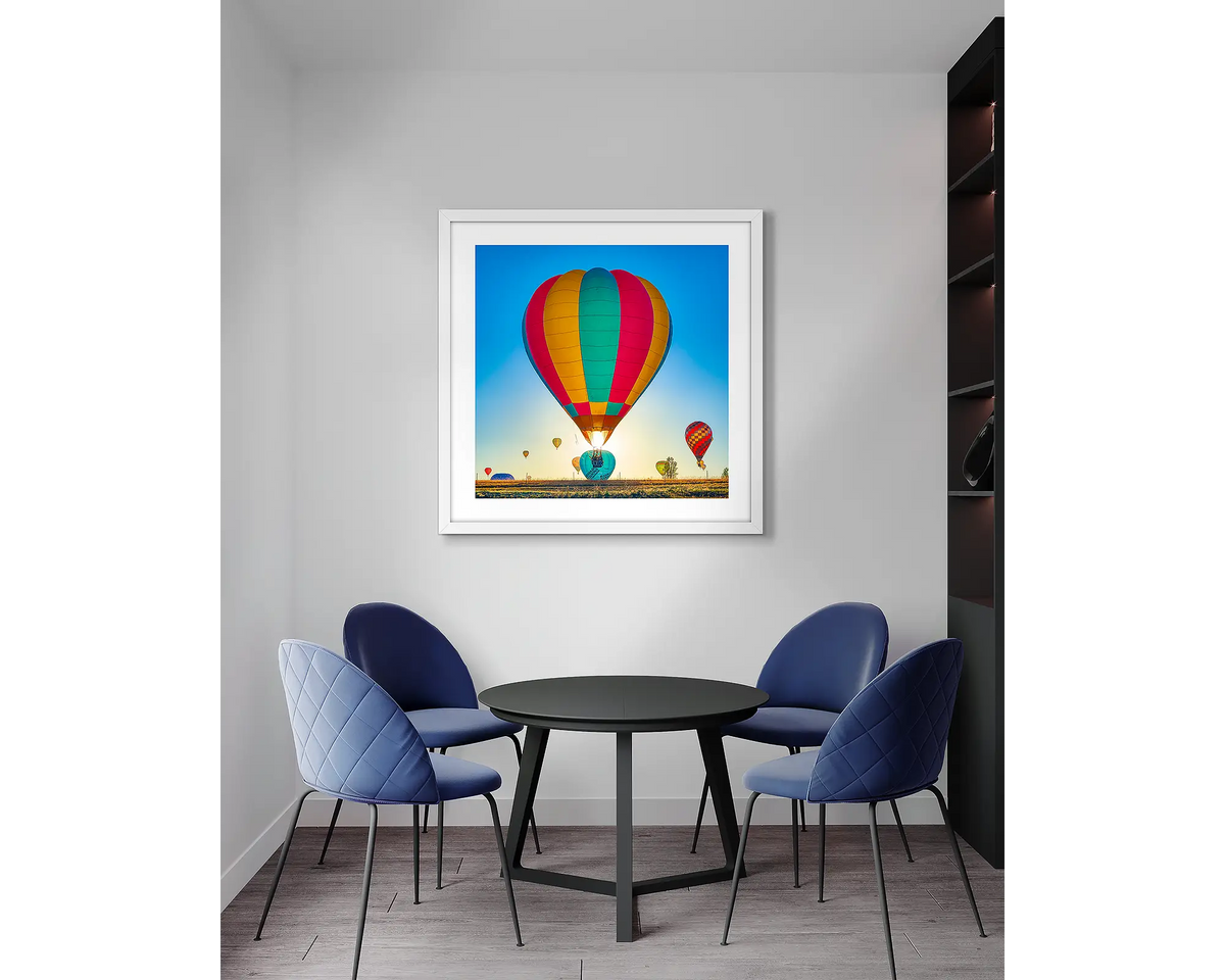 Lift. Canberra hot air balloon, framed wall art print, with a white frame, in an office meeting room. 