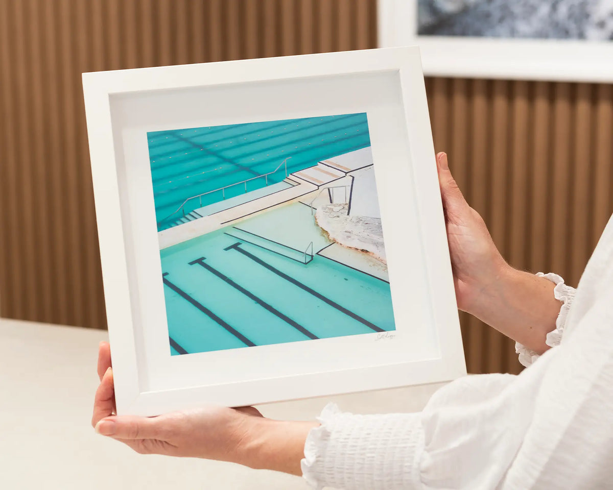 Lines. Bondi Icebergs club, small framed print with a white frame.