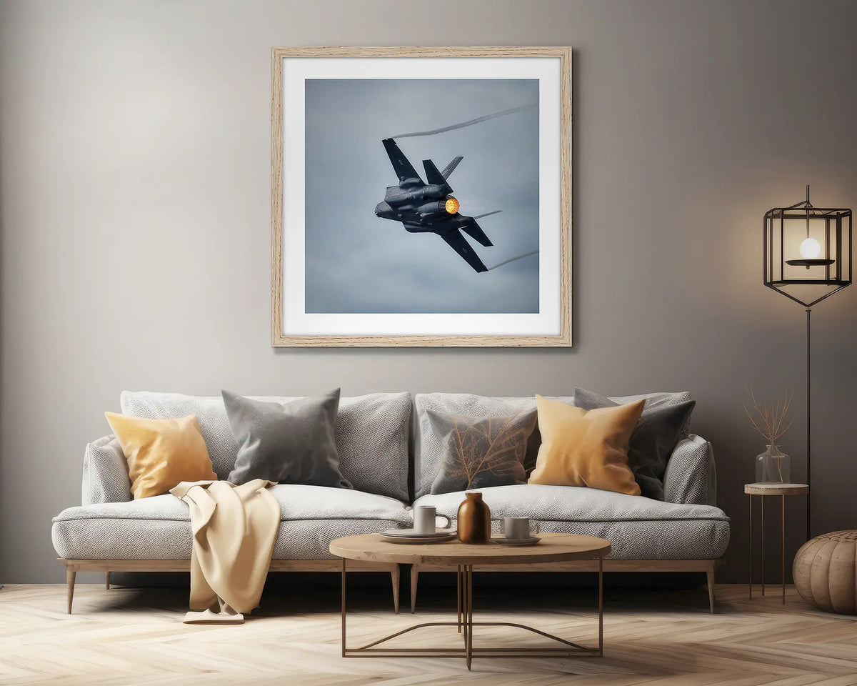 Lit. F-35 Lightning, aviation wall art in a lounge room.  