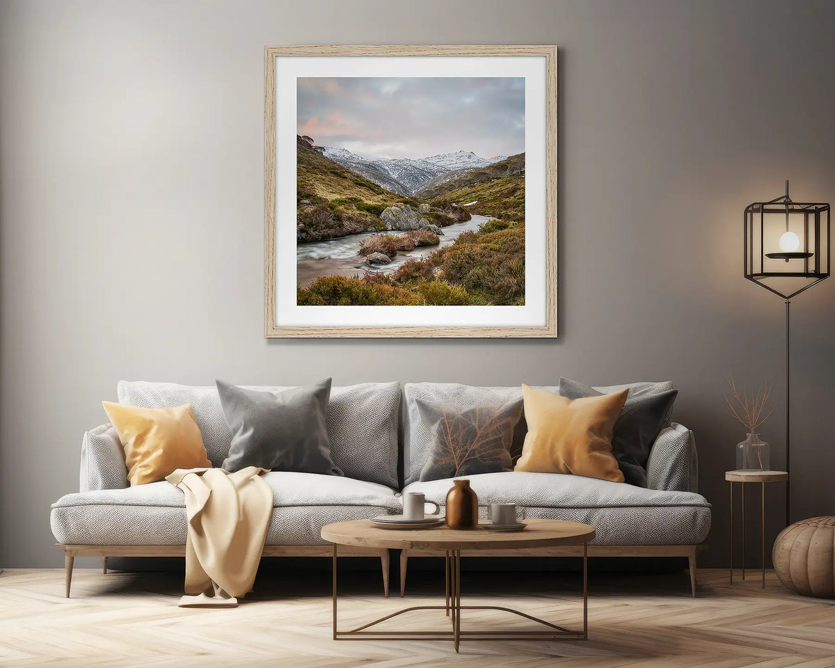 Looking Up. Extra large alpine artwork, in a timber frame, on a lounge room wall. 