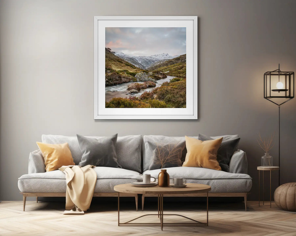 Looking Up. Extra large alpine artwork, in a white frame, on a lounge room wall.