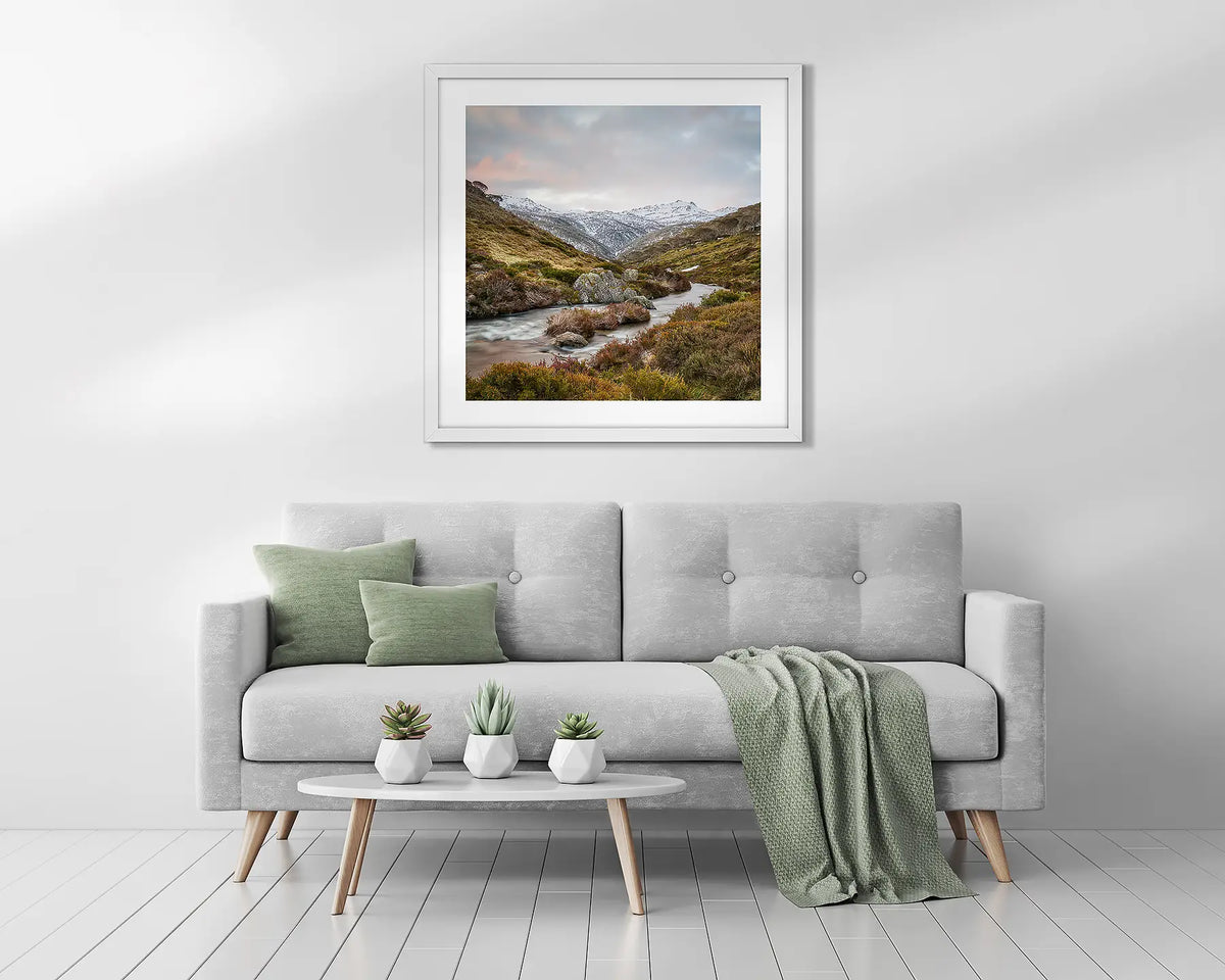 Looking Up. Thredbo river wall art above a couch. 