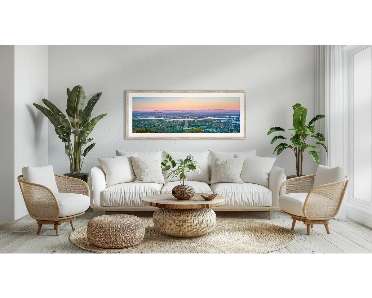 Marion&#39;s View. Canberra wall art print, with a Tassie oak frame, above a couch. 