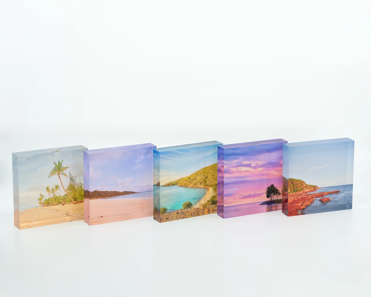 Meelup morning acrylic block next to other colourful coastal acrylic blocks.