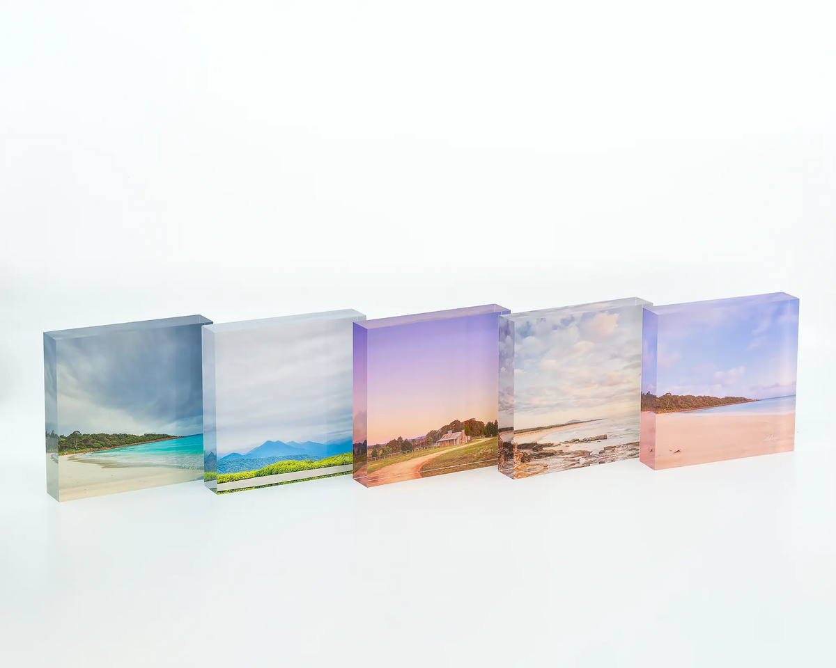 Meelup Morning acrylic block displayed with other square coastal blocks. 