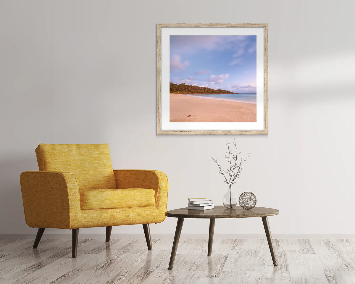 Meelup Morning. Framed wall art print, in an Oak frame, of sunrise at Meelup beach. 