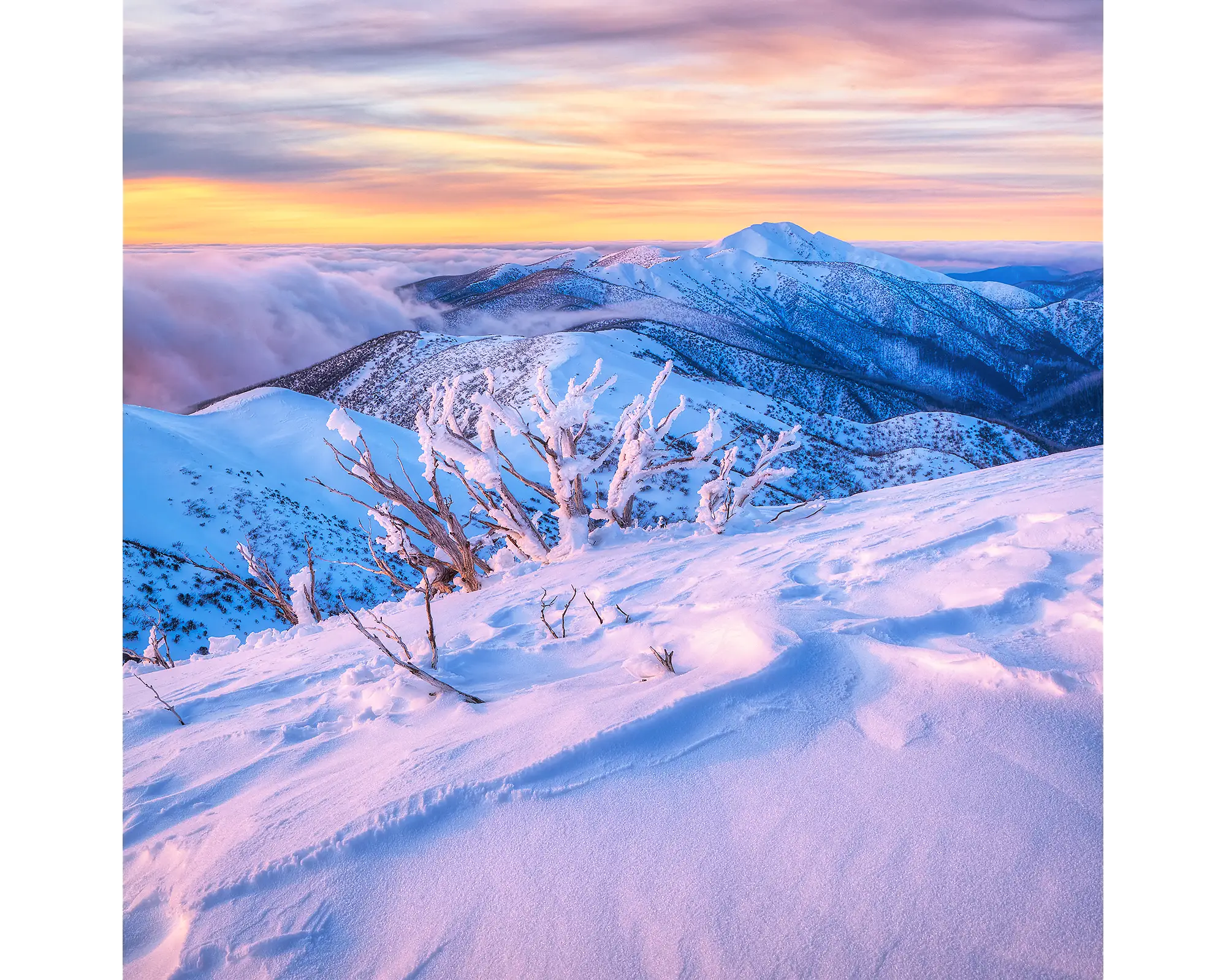 Memories of Winter acrylic block - sunset over Mount Feathertop.