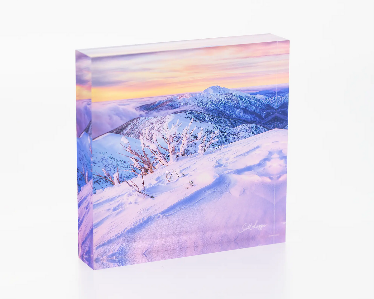 Memories of Winter acrylic block - sunset over Mount Feathertop.