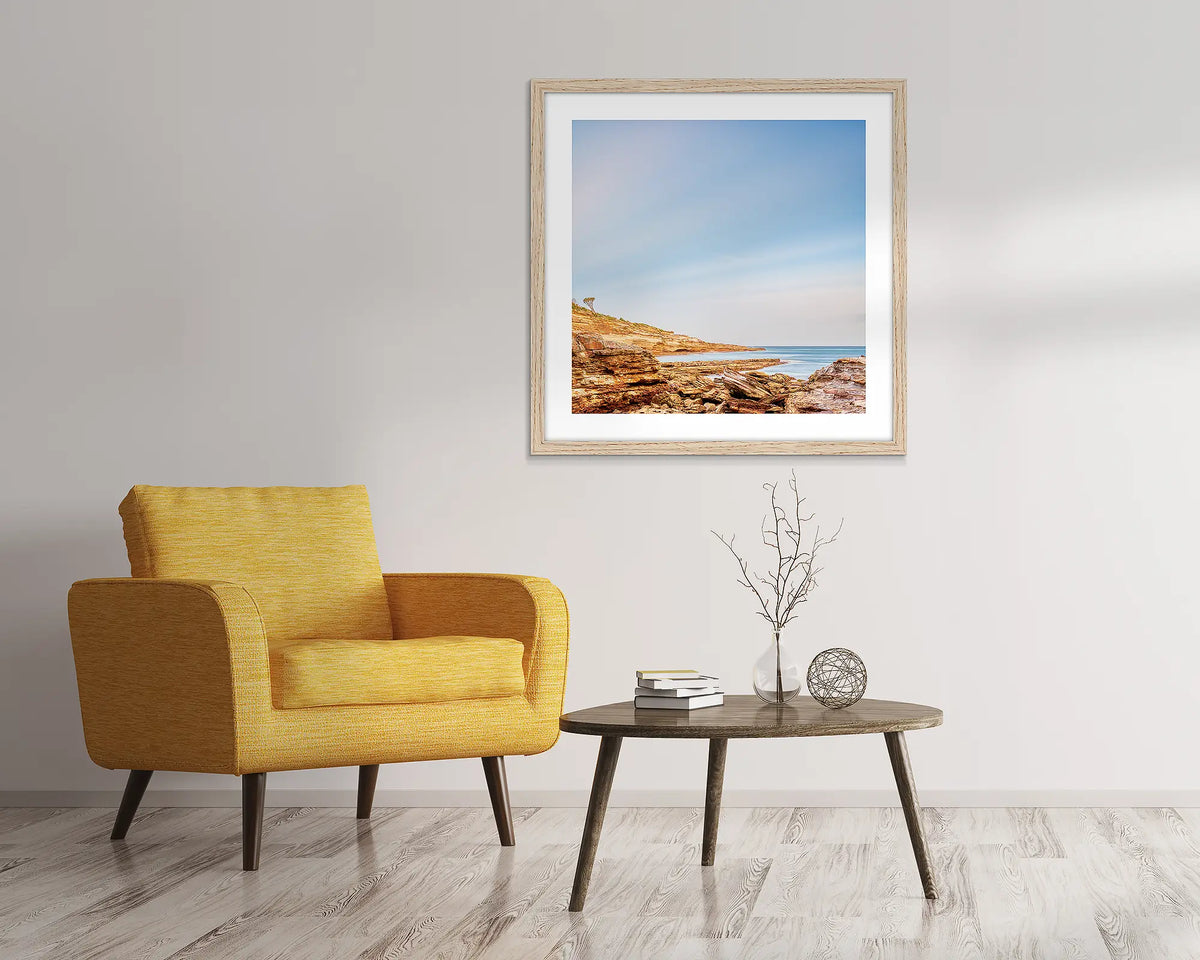 Miller Calm. Framed wall art print, in an Oak frame, of sunset at Miller beach. 