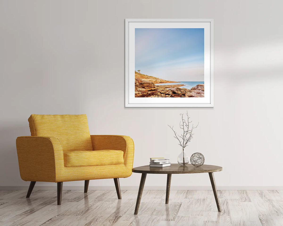 Miller Calm. Framed wall art print, in a white frame, of sunset at Miller beach. 