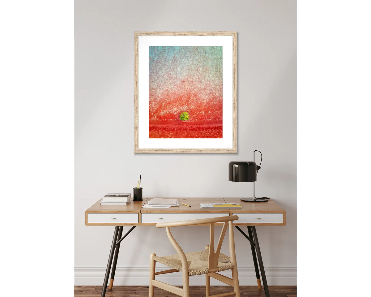 Mini. Aerial abstract wall art print, with a Tasmanian Oak frame, hanging above  a desk.