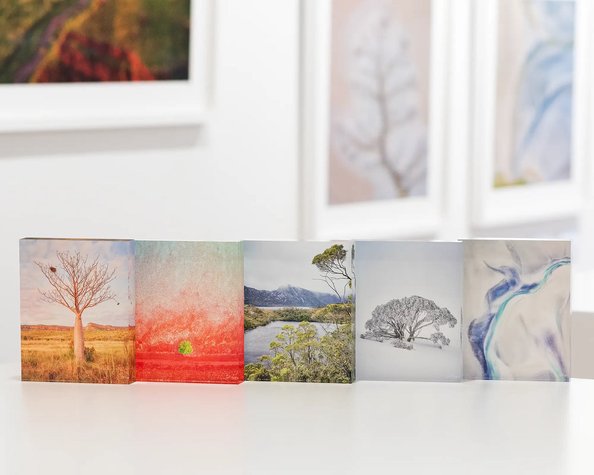 Mini acrylic block displayed next to other acrylic blocks on a desk.