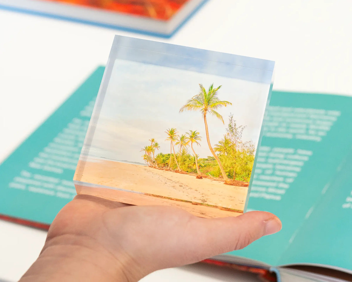 Mission Palms acrylic block being held. 