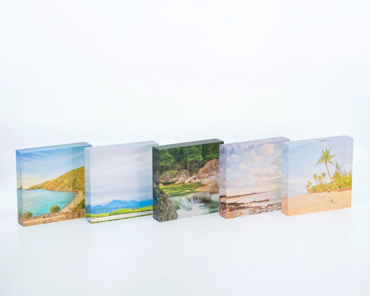 Mission Palms coastal acrylic block next to other square acrylic blocks.