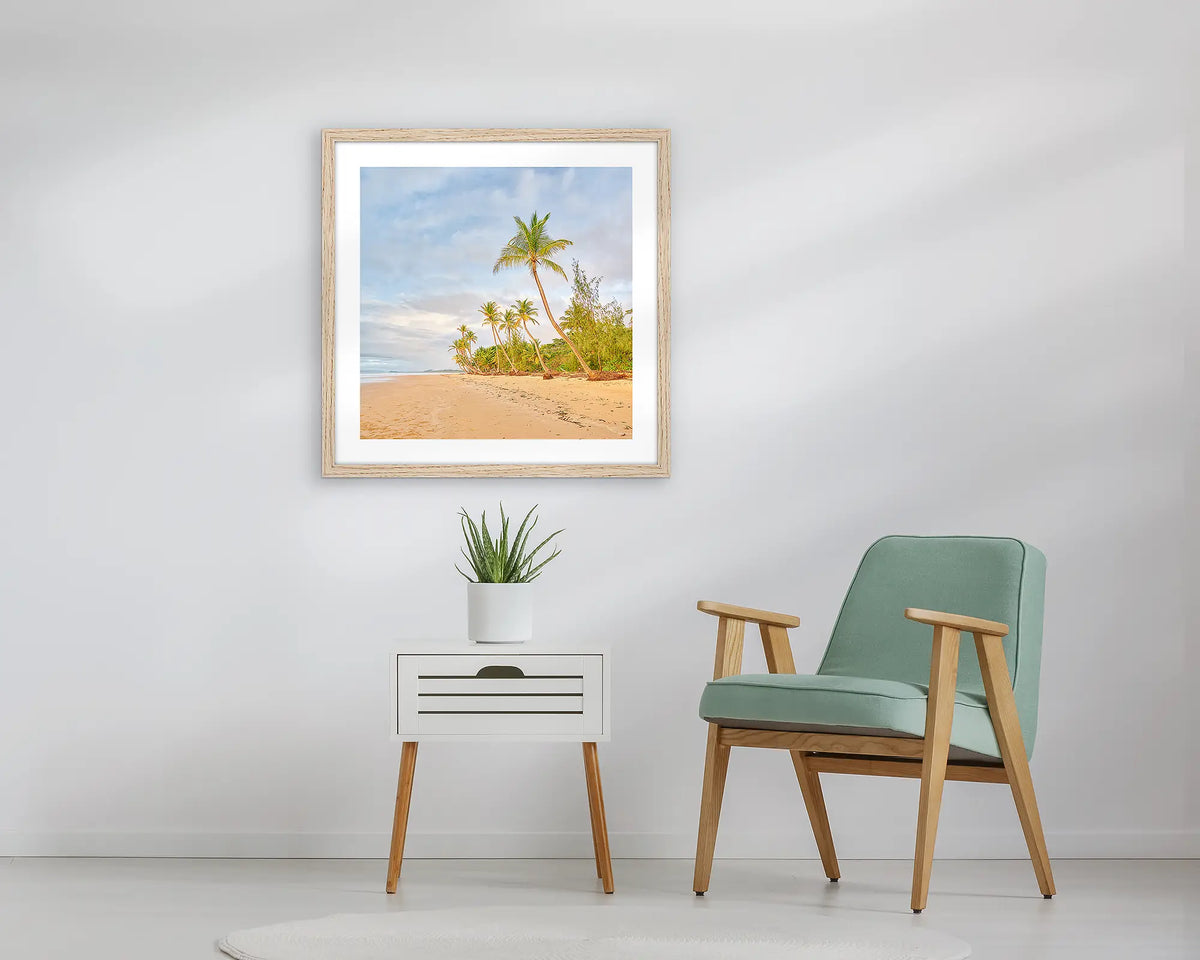 Mission Palms. Framed coastal wall art print, in an oak frame, of Mission beach Queensland, hanging above a table. 