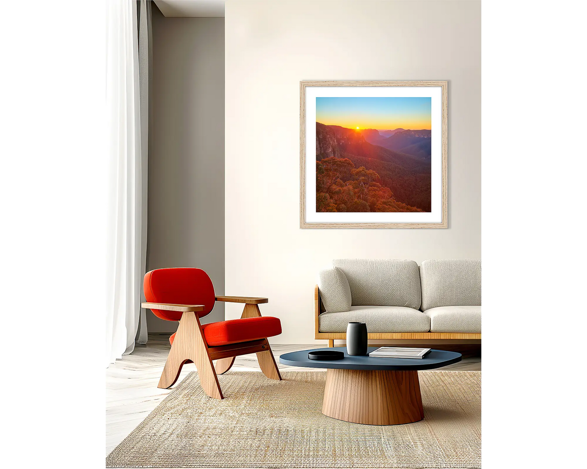 Moment in Time. Framed wall art print in an Oak frame, of a Blue Mountains sunrise, hanging in a lounge room. 