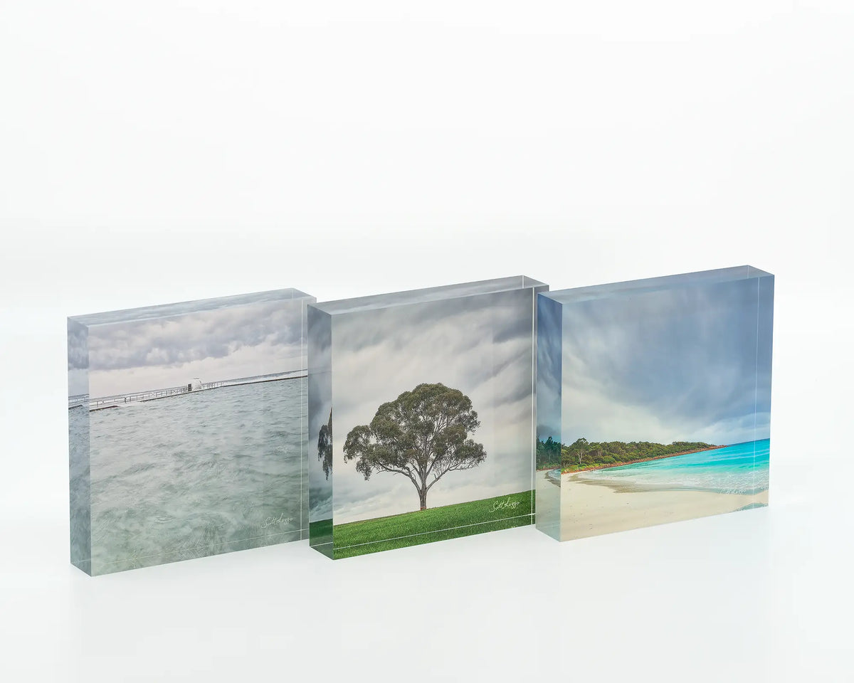 Moody Merewether acrylic block displayed next to other acrylic blocks. 