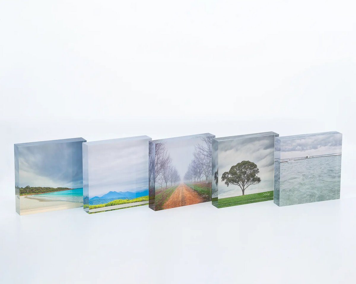 Moody Merewether acrylic block displayed on a desk next to assorted Australian landscape acrylic blocks. 