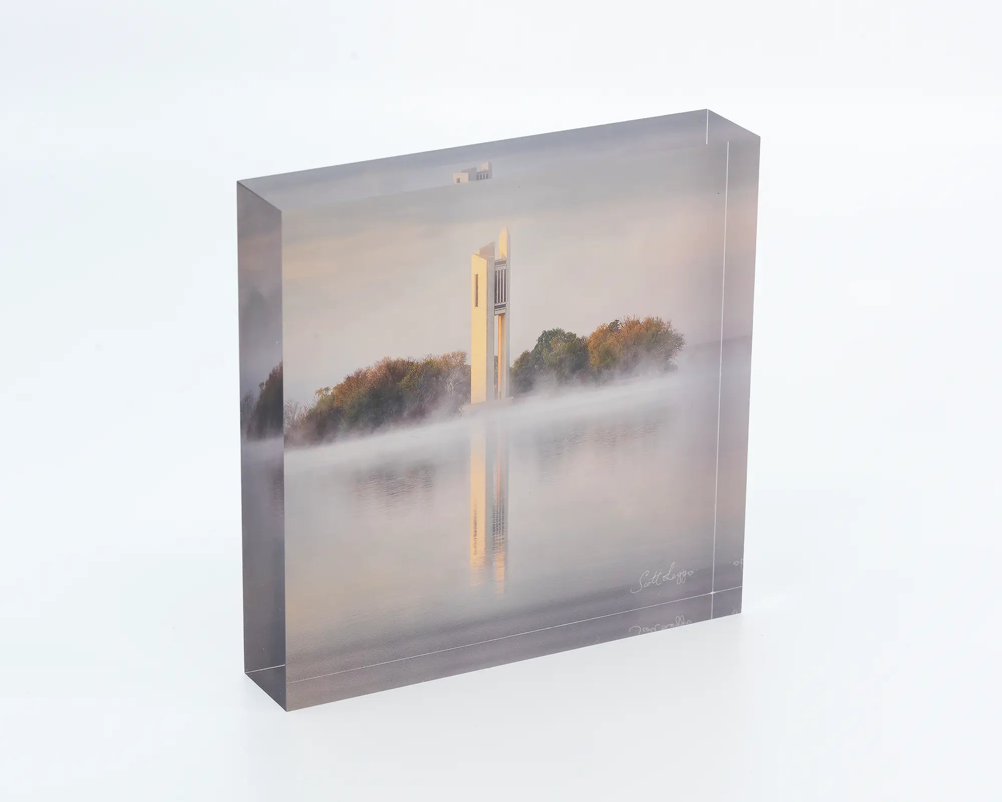 Morning Fog acrylic block - Lake Burley Griffin and the National Carillon artwork. 