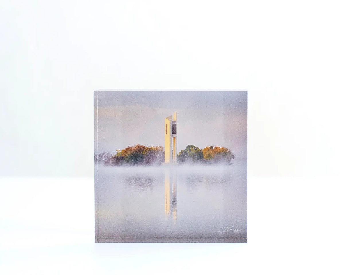 Morning Fog acrylic block displayed on a desk. 