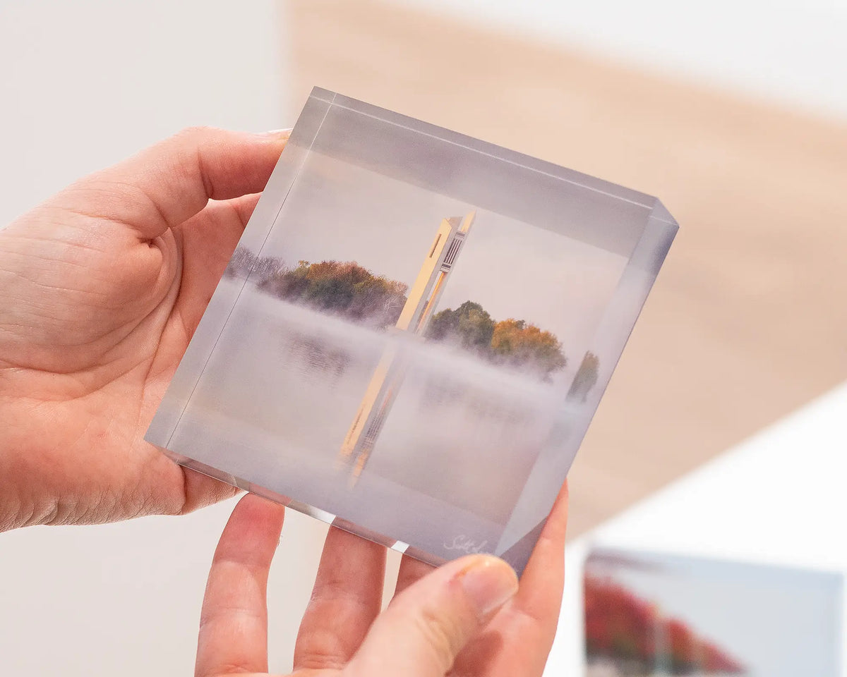 Morning Fog 10cm acrylic block being held. 